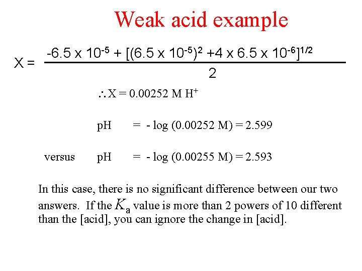 Weak acid example -6. 5 x 10 -5 + [(6. 5 x 10 -5)2