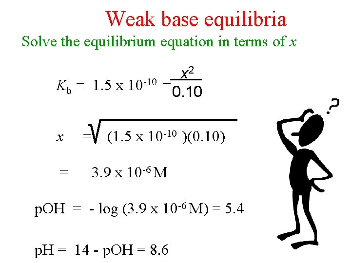 Weak base equilibria Solve the equilibrium equation in terms of x Kb = 1.