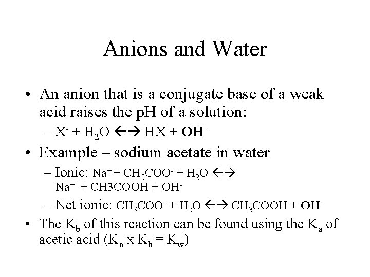 Anions and Water • An anion that is a conjugate base of a weak