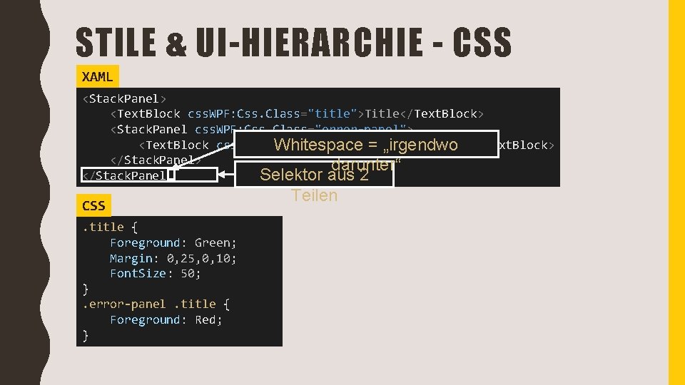 STILE & UI-HIERARCHIE - CSS XAML <Stack. Panel> <Text. Block css. WPF: Css. Class="title">Title</Text.