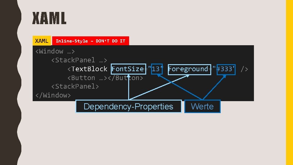 XAML Inline-Style – DON‘T DO IT <Window …> <Stack. Panel …> <Text. Block Font.