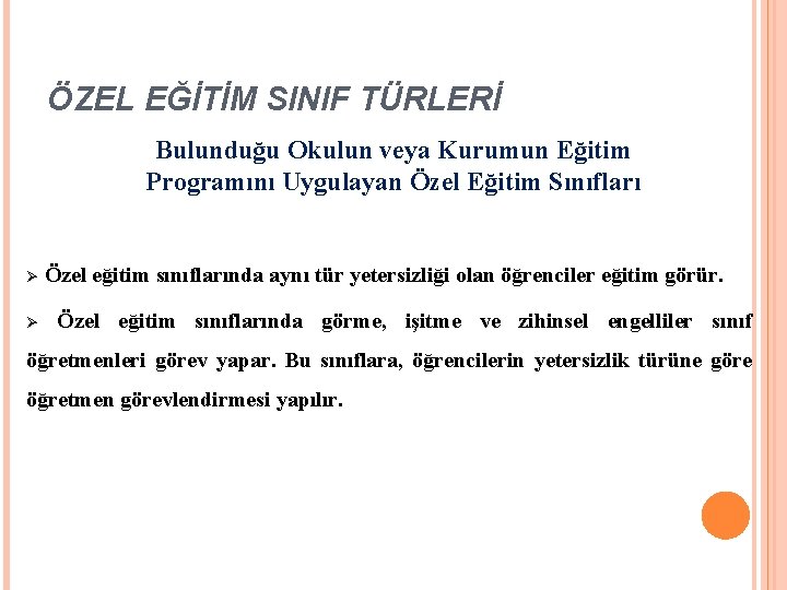 ÖZEL EĞİTİM SINIF TÜRLERİ Bulunduğu Okulun veya Kurumun Eğitim Programını Uygulayan Özel Eğitim Sınıfları