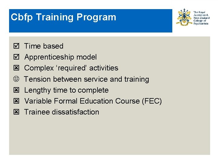 Cbfp Training Program Time based Apprenticeship model Complex ‘required’ activities Tension between service and