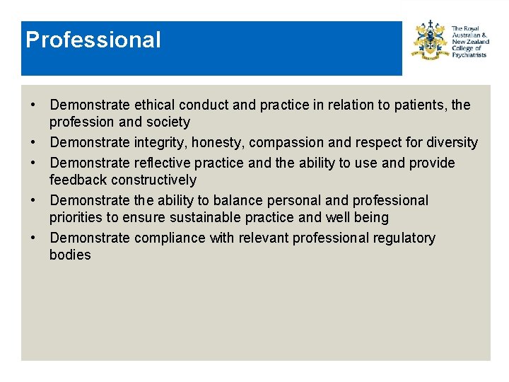 Professional • Demonstrate ethical conduct and practice in relation to patients, the profession and