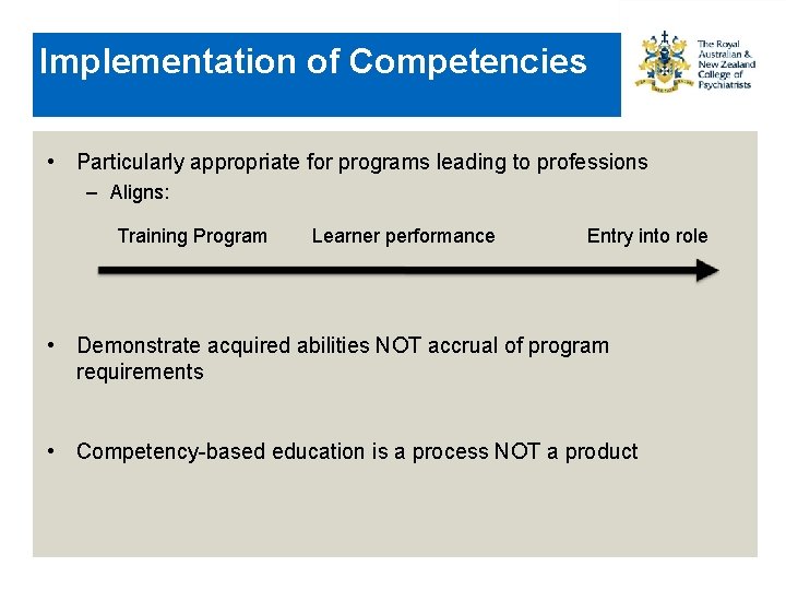 Implementation of Competencies • Particularly appropriate for programs leading to professions – Aligns: Training