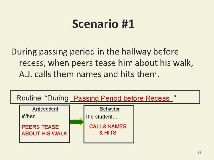 Scenario #1 During passing period in the hallway before recess, when peers tease him
