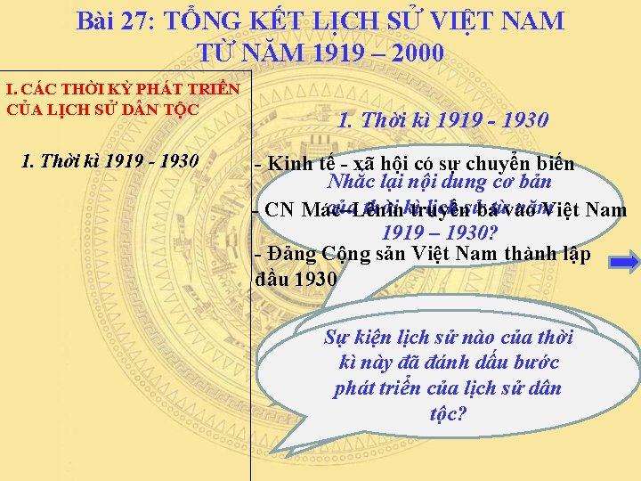 Bài 27: TỔNG KẾT LỊCH SỬ VIỆT NAM TỪ NĂM 1919 – 2000 I.