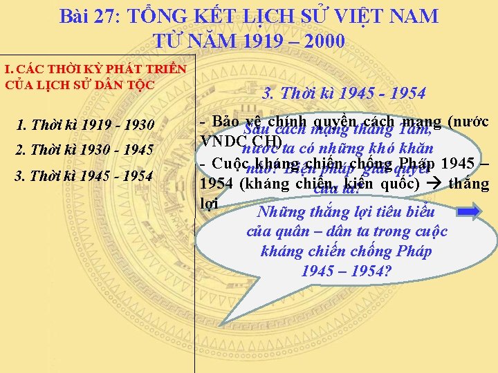 Bài 27: TỔNG KẾT LỊCH SỬ VIỆT NAM TỪ NĂM 1919 – 2000 I.