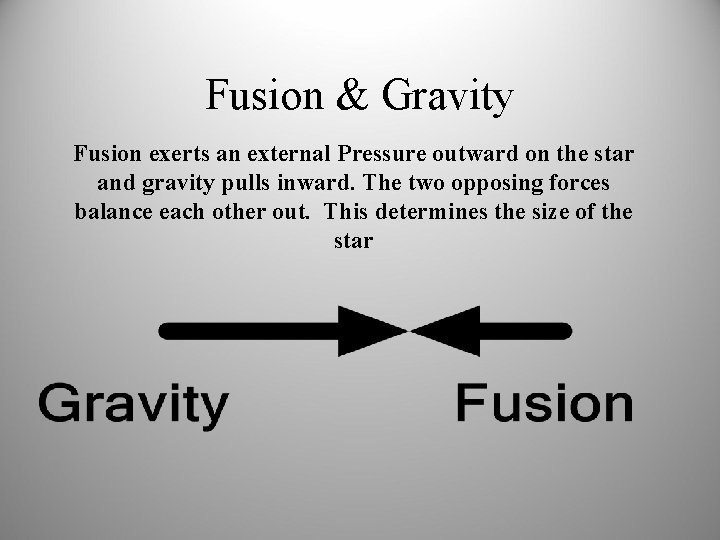 Fusion & Gravity Fusion exerts an external Pressure outward on the star and gravity