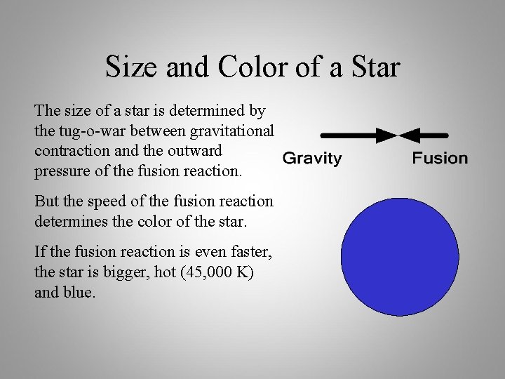 Size and Color of a Star The size of a star is determined by