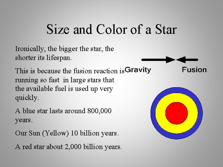 Size and Color of a Star Ironically, the bigger the star, the shorter its