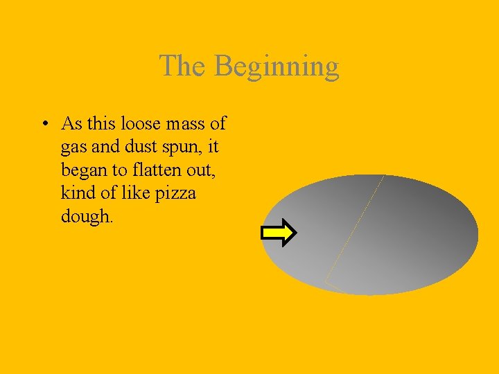 The Beginning • As this loose mass of gas and dust spun, it began