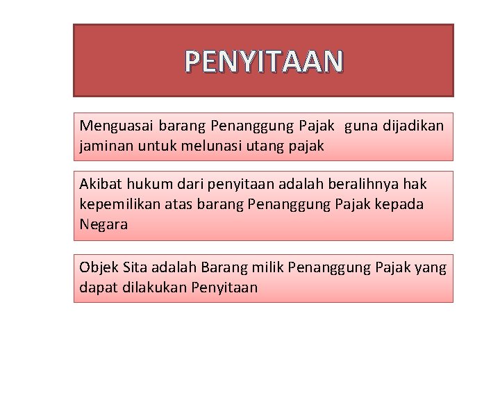 PENYITAAN Menguasai barang Penanggung Pajak guna dijadikan jaminan untuk melunasi utang pajak Akibat hukum