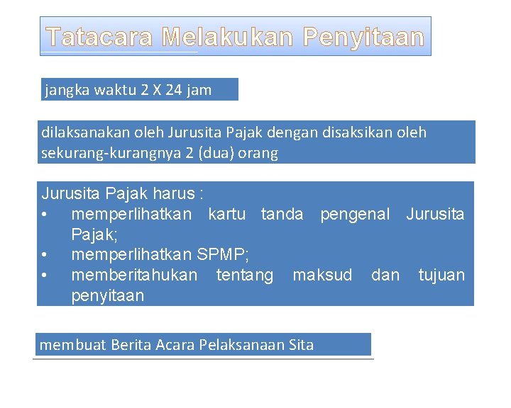 Tatacara Melakukan Penyitaan jangka waktu 2 X 24 jam dilaksanakan oleh Jurusita Pajak dengan