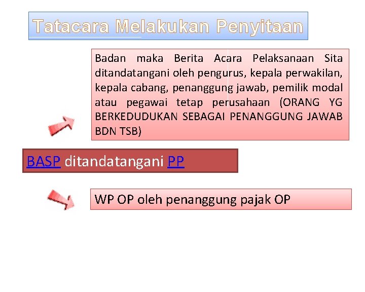 Tatacara Melakukan Penyitaan Badan maka Berita Acara Pelaksanaan Sita ditandatangani oleh pengurus, kepala perwakilan,
