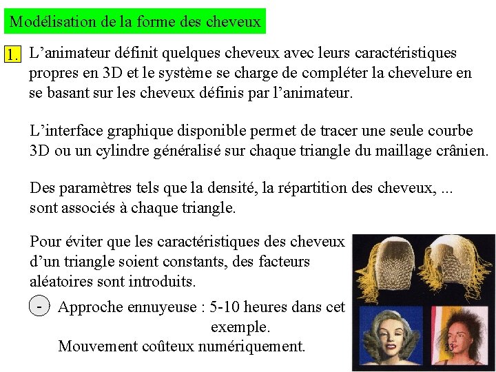 Modélisation de la forme des cheveux 1. L’animateur définit quelques cheveux avec leurs caractéristiques