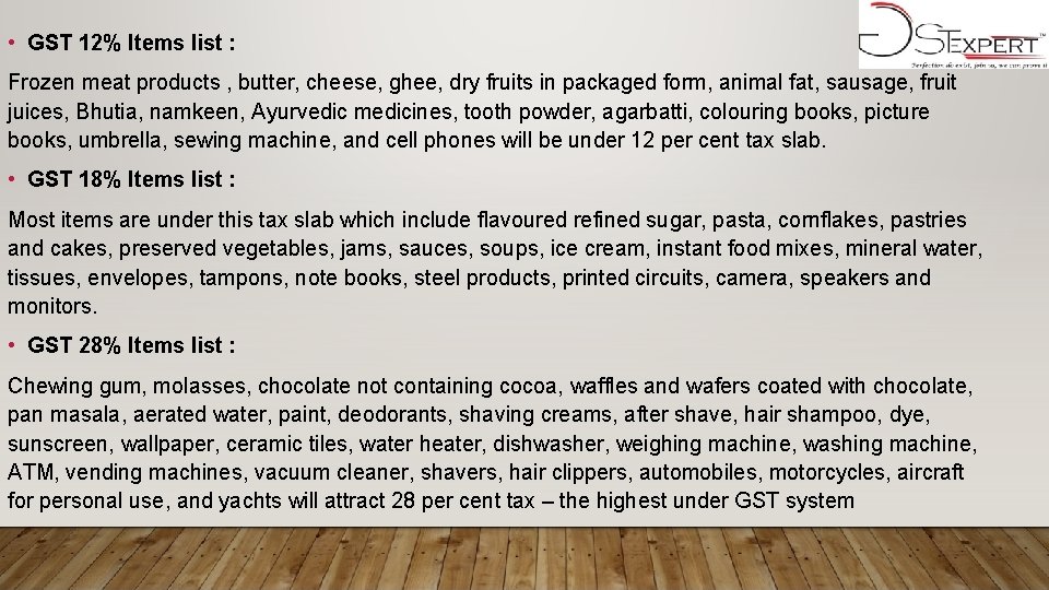  • GST 12% Items list : Frozen meat products , butter, cheese, ghee,