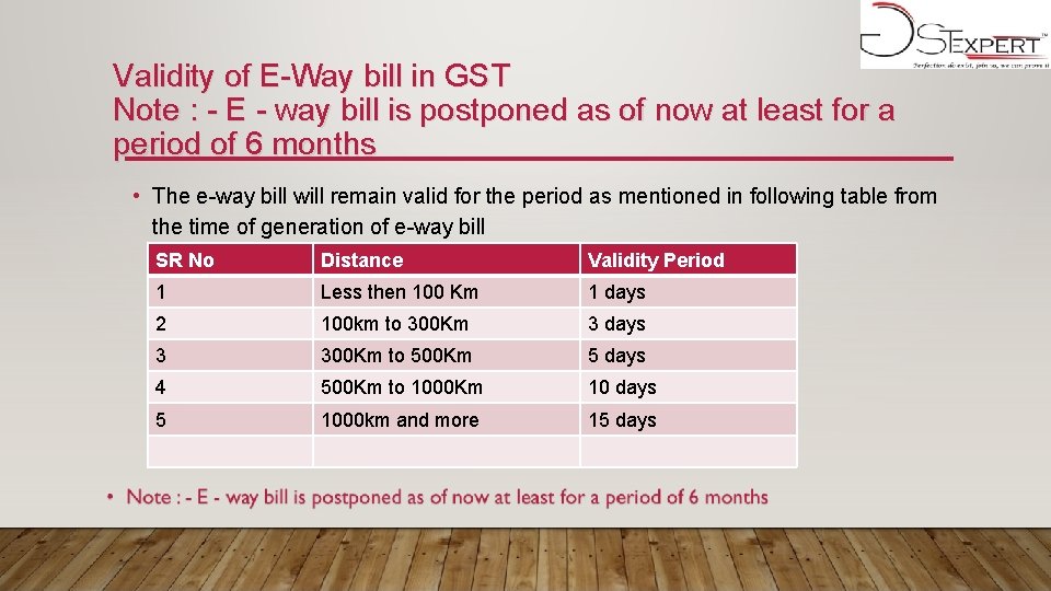 Validity of E-Way bill in GST Note : - E - way bill is
