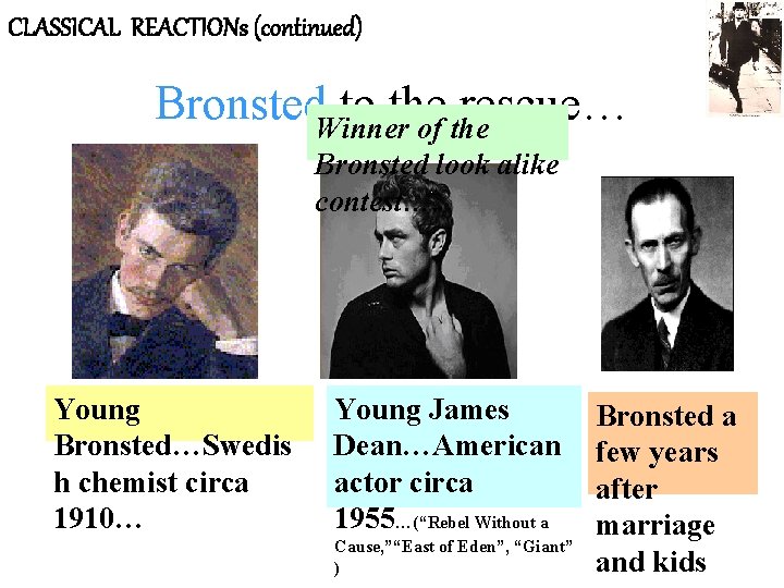 CLASSICAL REACTIONs (continued) Bronsted. Winner to the rescue… of the Bronsted look alike contest….