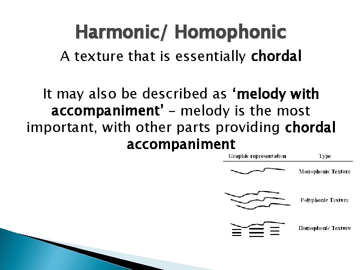 Harmonic/ Homophonic A texture that is essentially chordal It may also be described as