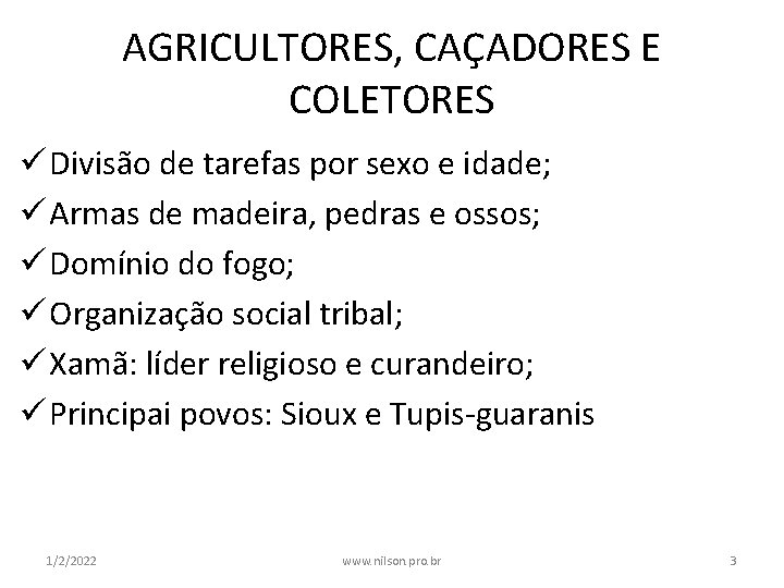 AGRICULTORES, CAÇADORES E COLETORES ü Divisão de tarefas por sexo e idade; ü Armas