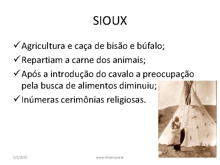 SIOUX ü Agricultura e caça de bisão e búfalo; ü Repartiam a carne dos