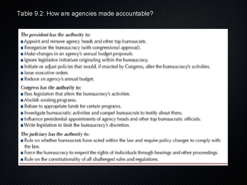 Table 9. 2: How are agencies made accountable? 
