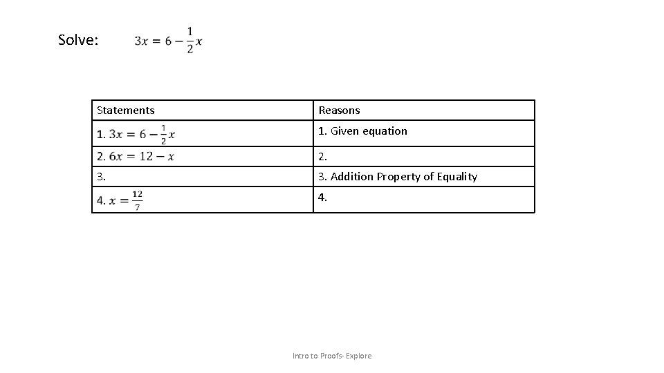 Solve: Statements Reasons 1. Given equation 2. 3. Addition Property of Equality 4. Intro