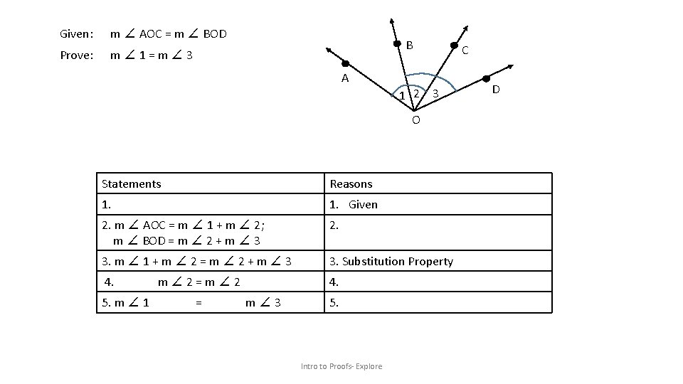 Given: m ∠ AOC = m ∠ BOD Prove: m∠ 1=m∠ 3 B A