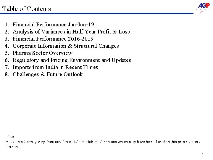 Table of Contents 1. 2. 3. 4. 5. 6. 7. 8. Financial Performance Jan-Jun-19