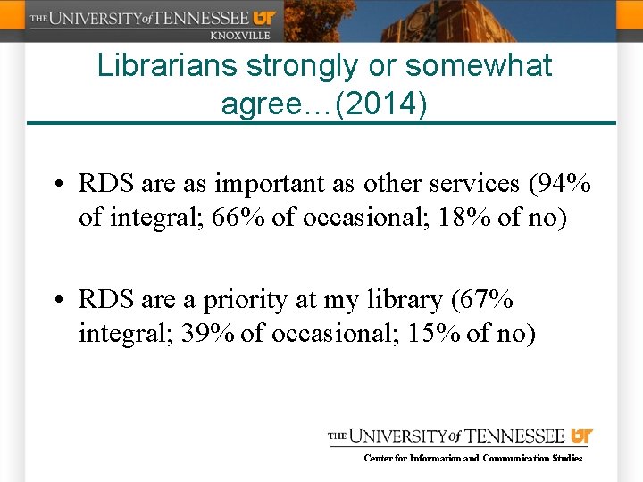 Librarians strongly or somewhat agree…(2014) • RDS are as important as other services (94%