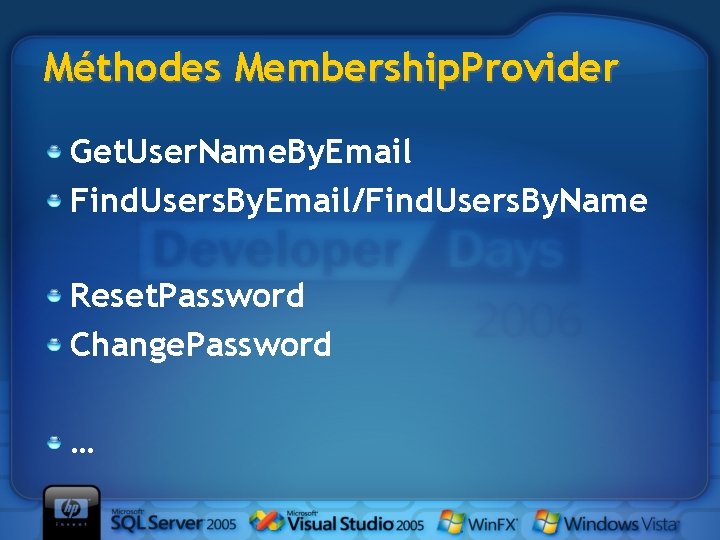 Méthodes Membership. Provider Get. User. Name. By. Email Find. Users. By. Email/Find. Users. By.