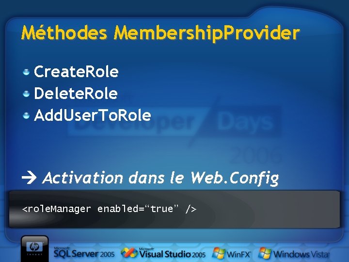 Méthodes Membership. Provider Create. Role Delete. Role Add. User. To. Role Activation dans le