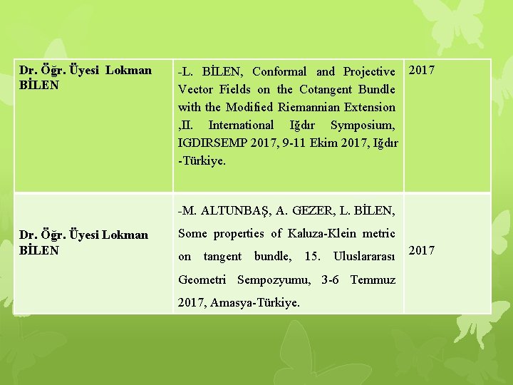 Dr. Öğr. Üyesi Lokman BİLEN -L. BİLEN, Conformal and Projective 2017 Vector Fields on