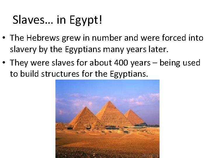 Slaves… in Egypt! • The Hebrews grew in number and were forced into slavery