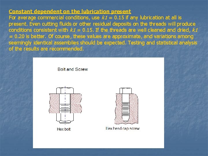 Constant dependent on the lubrication present For average commercial conditions, use k 1 =