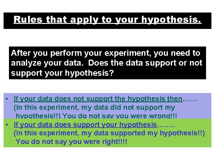 Rules that apply to your hypothesis. After you perform your experiment, you need to