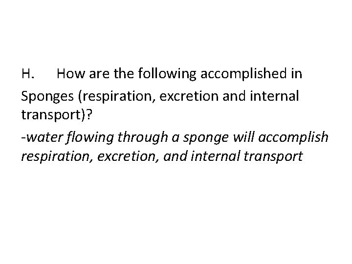 H. How are the following accomplished in Sponges (respiration, excretion and internal transport)? -water