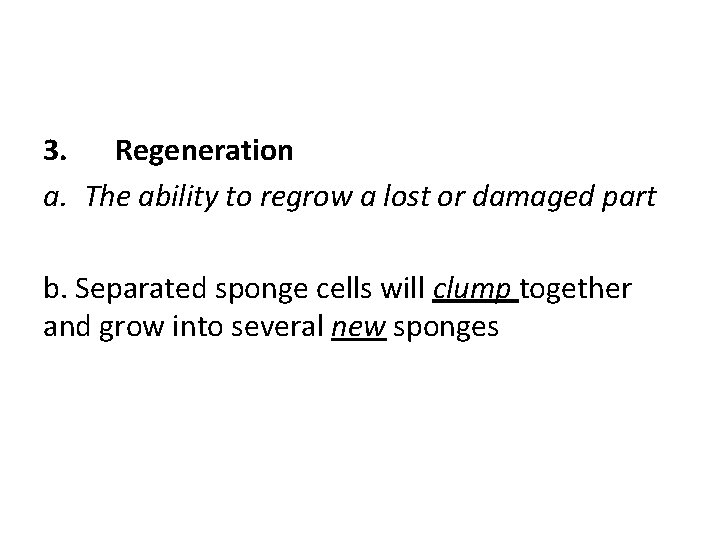 3. Regeneration a. The ability to regrow a lost or damaged part b. Separated