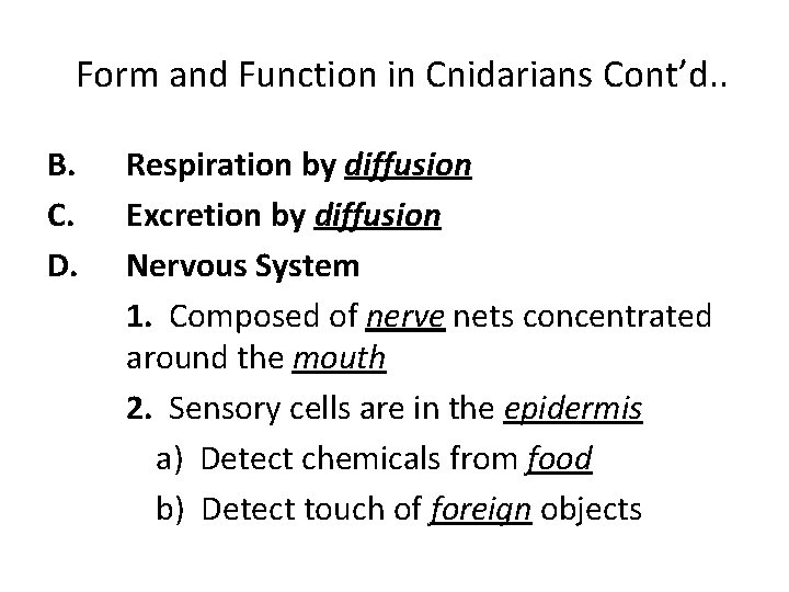Form and Function in Cnidarians Cont’d. . B. C. D. Respiration by diffusion Excretion