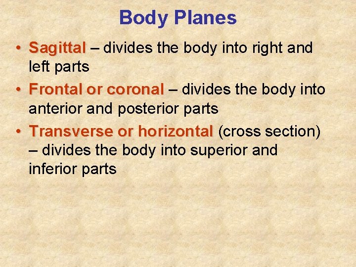 Body Planes • Sagittal – divides the body into right and left parts •