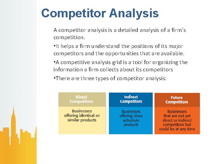 Competitor Analysis A competitor analysis is a detailed analysis of a firm’s competition. •