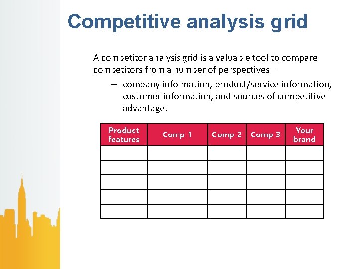 Competitive analysis grid A competitor analysis grid is a valuable tool to compare competitors