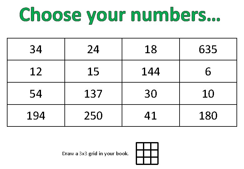 Choose your numbers… 34 24 18 635 12 15 144 6 54 137 30