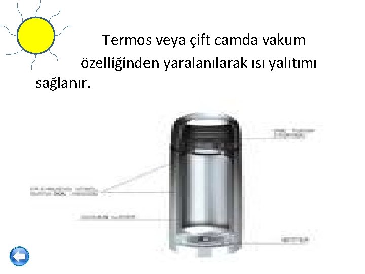 Termos veya çift camda vakum özelliğinden yaralanılarak ısı yalıtımı sağlanır. 