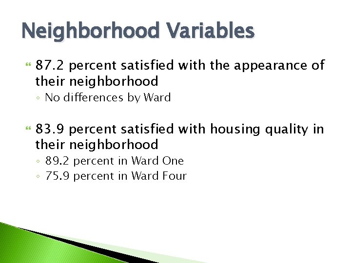 Neighborhood Variables 87. 2 percent satisfied with the appearance of their neighborhood ◦ No