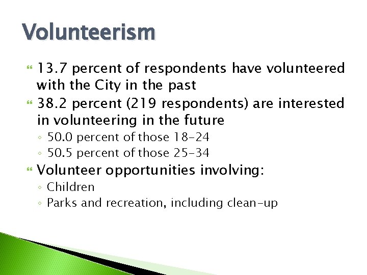 Volunteerism 13. 7 percent of respondents have volunteered with the City in the past