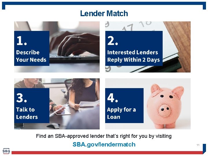 Lender Match Find an SBA-approved lender that’s right for you by visiting SBA. gov/lendermatch