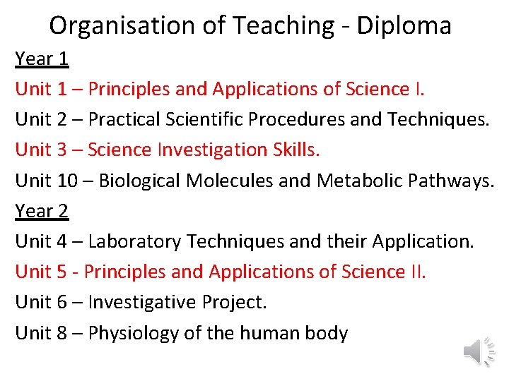 Organisation of Teaching - Diploma Year 1 Unit 1 – Principles and Applications of