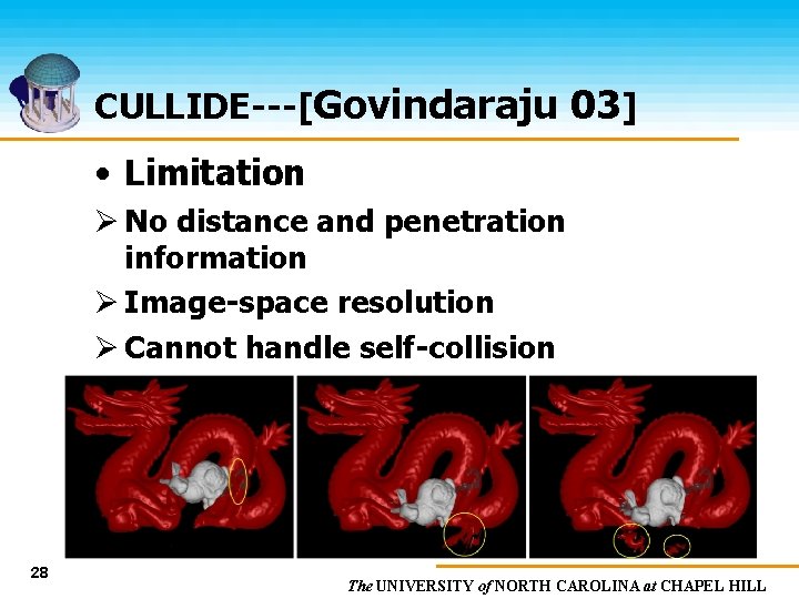 CULLIDE---[Govindaraju 03] • Limitation Ø No distance and penetration information Ø Image-space resolution Ø